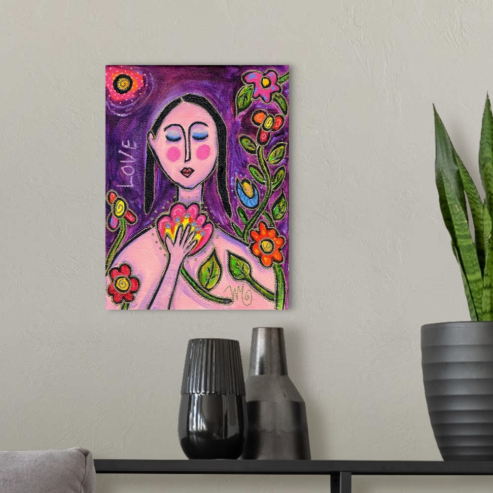 A modern room featuring A pink woman holding and surrounded by flowers.