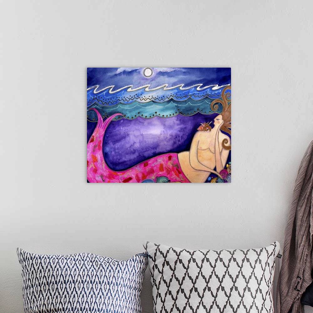A bohemian room featuring A mermaid with a pink tale under the waves with a collection of shells.