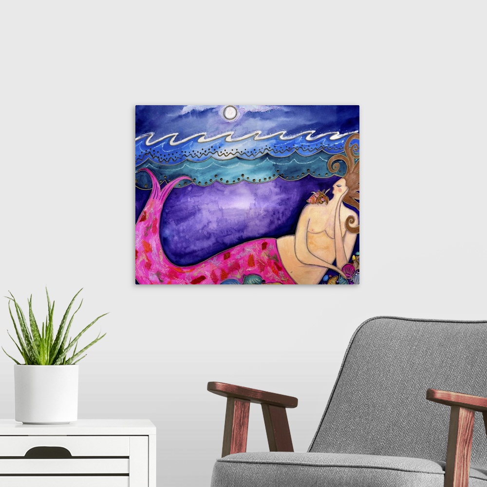 A modern room featuring A mermaid with a pink tale under the waves with a collection of shells.