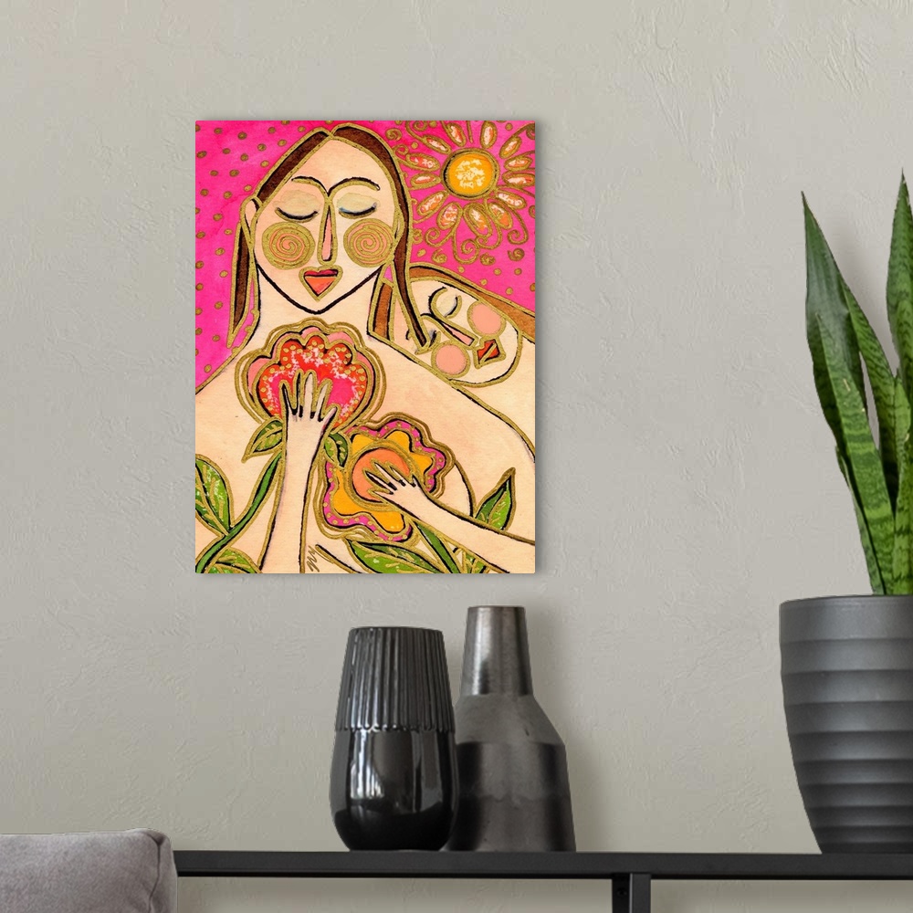 A modern room featuring Two women with red cheeks holding flowers under the sun.