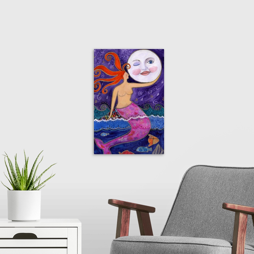 A modern room featuring A mermaid with a pink tail holding the moon.