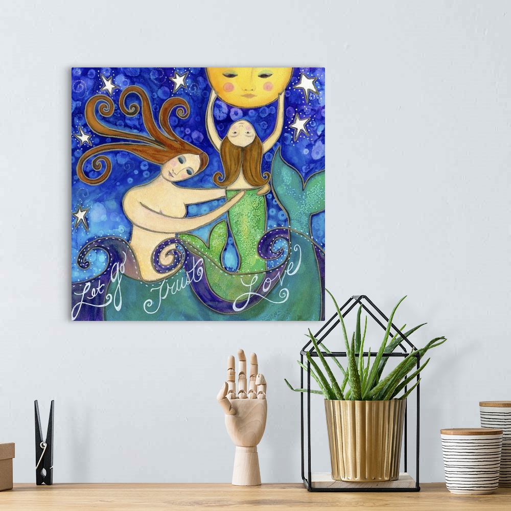 A bohemian room featuring A mermaid helping her daughter touch the moon.