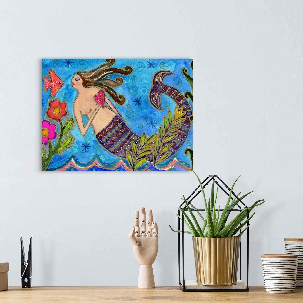 A bohemian room featuring A mermaid with a striped tail holding a heart and looking at a fish.