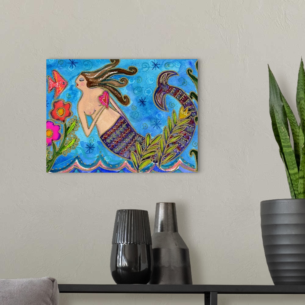 A modern room featuring A mermaid with a striped tail holding a heart and looking at a fish.