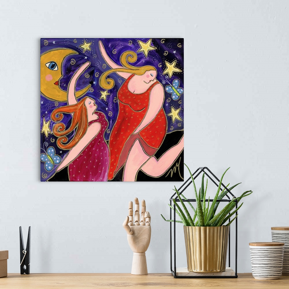 A bohemian room featuring Two women in red dresses dancing under the crescent moon.