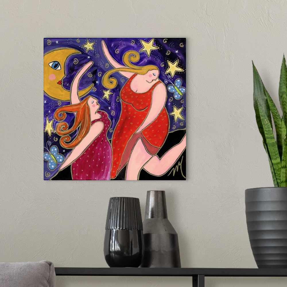 A modern room featuring Two women in red dresses dancing under the crescent moon.