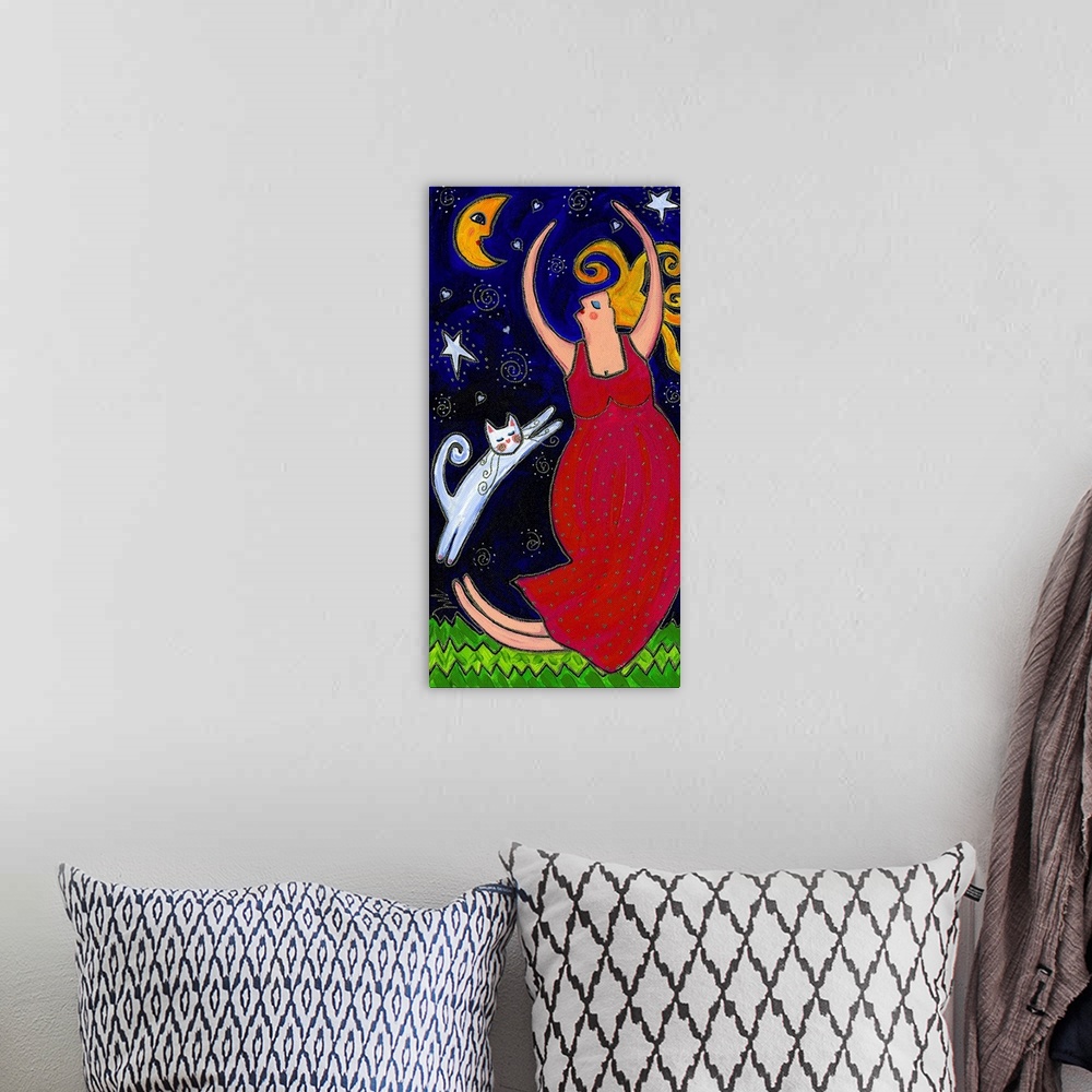 A bohemian room featuring A woman in a red dress with a white cat dancing under the moon.