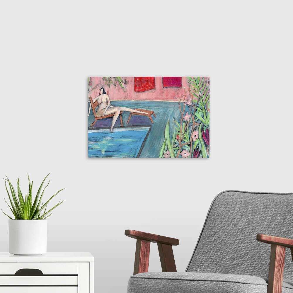 A modern room featuring A nude woman sitting by a swimming pool.