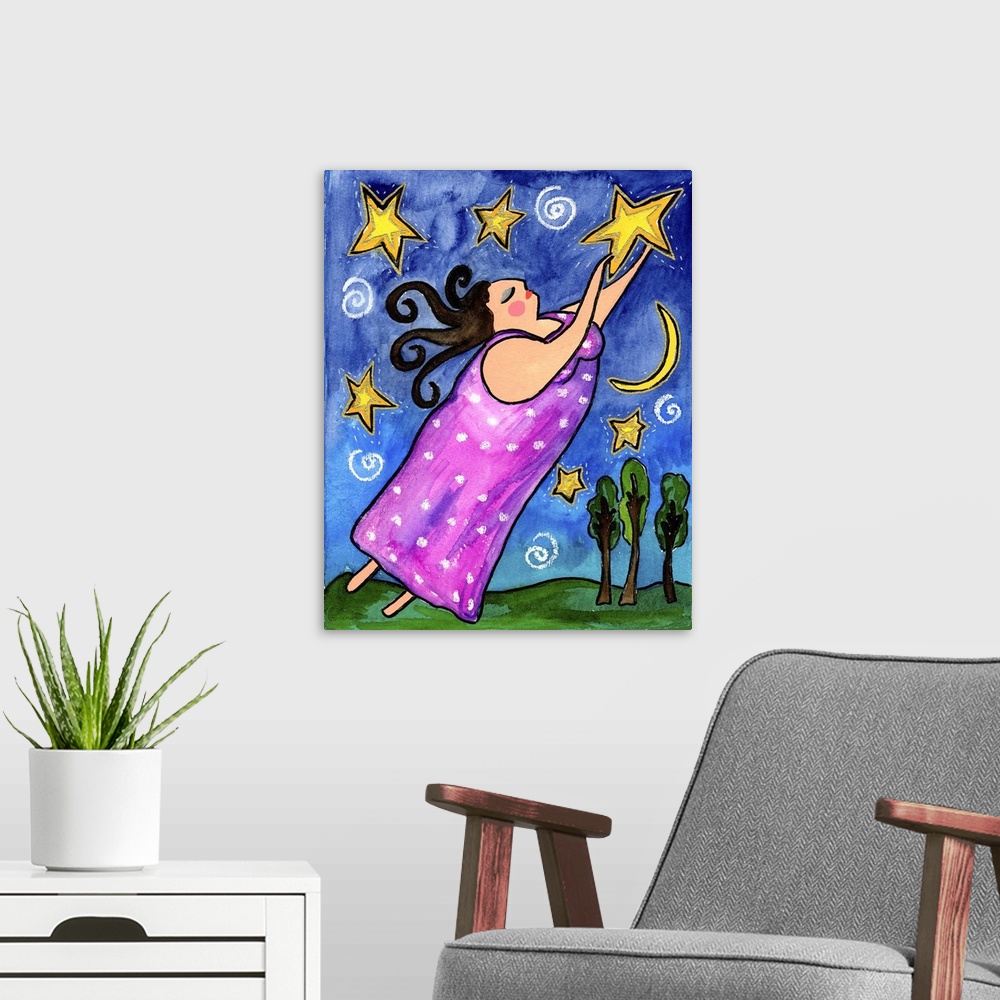 A modern room featuring A woman in pink raising her arms toward the stars in the sky.