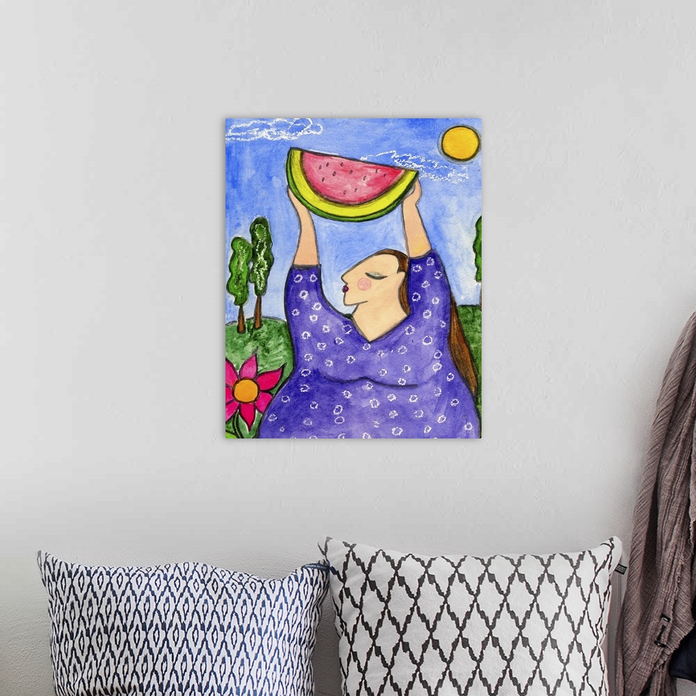 A bohemian room featuring A woman in purple holding up a slice of watermelon.