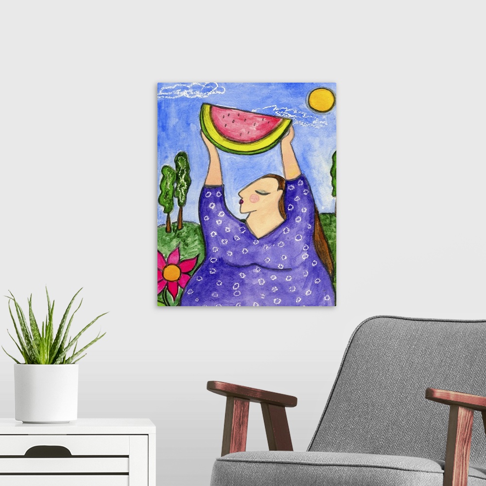 A modern room featuring A woman in purple holding up a slice of watermelon.