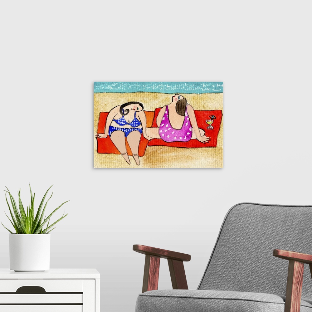 A modern room featuring Two women in swimsuits sitting near the ocean on red towels.