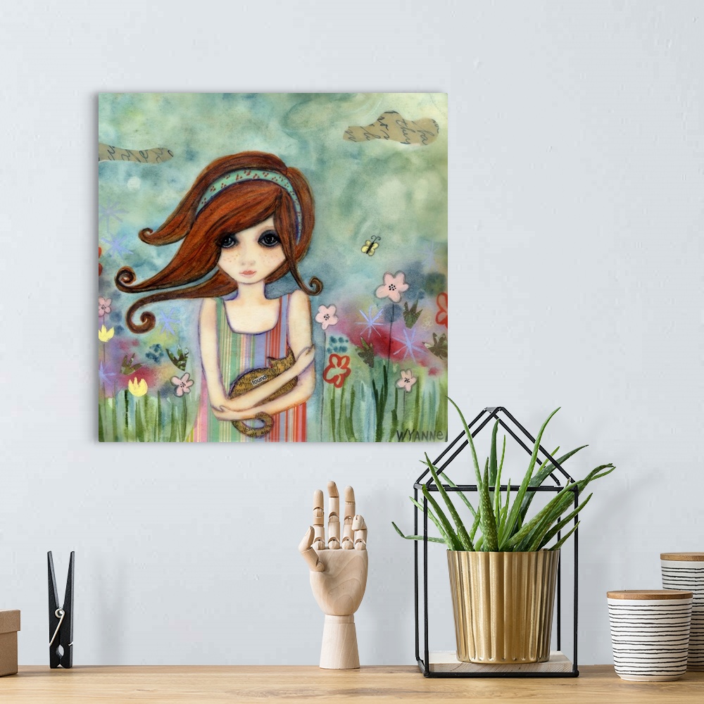 A bohemian room featuring A girl in a garden holding a small cat.