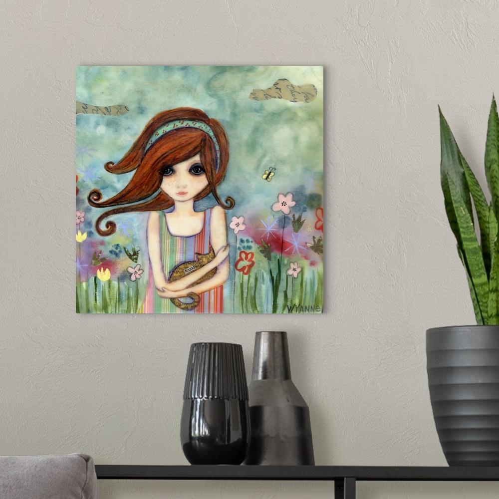 A modern room featuring A girl in a garden holding a small cat.