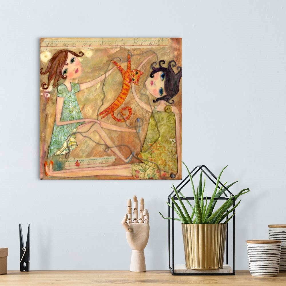 A bohemian room featuring Two girls playing with and orange tabby cat.
