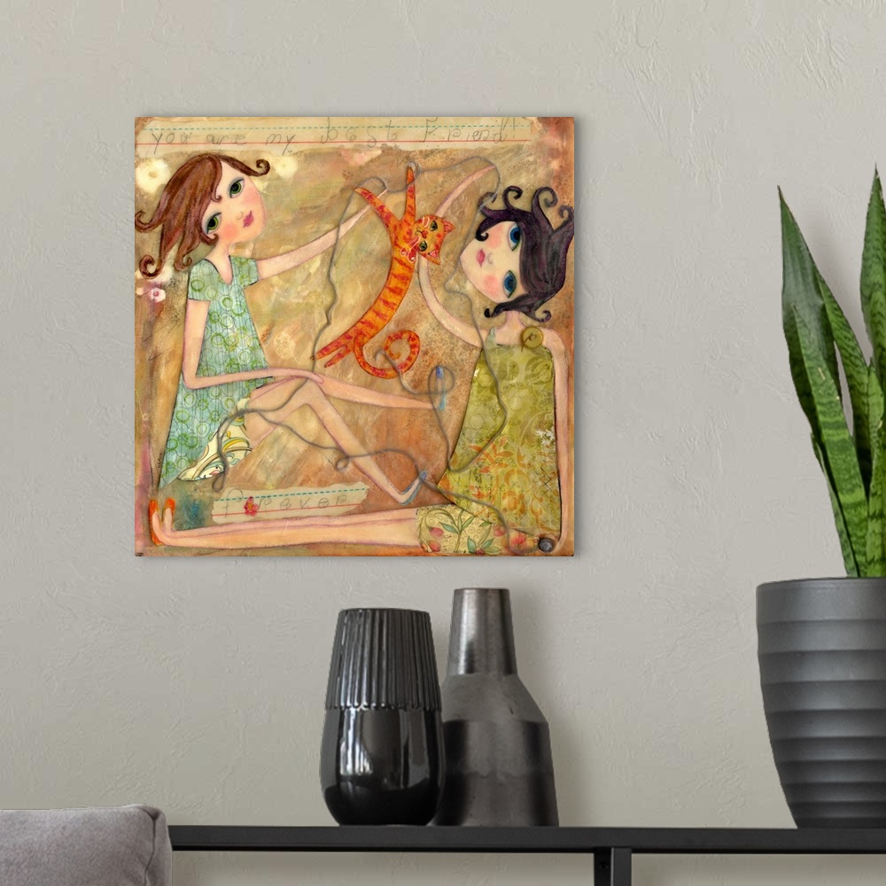 A modern room featuring Two girls playing with and orange tabby cat.