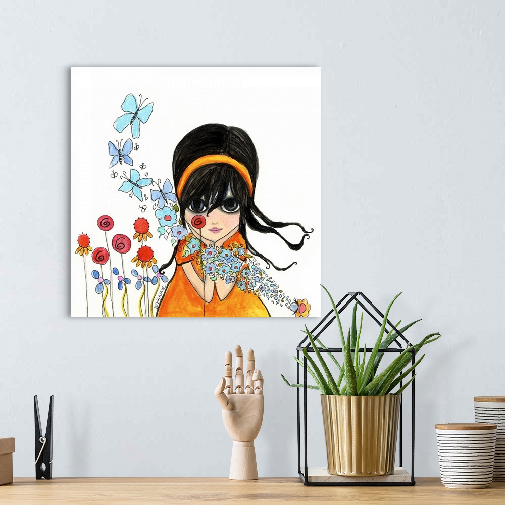 A bohemian room featuring Painting of a girl with large eyes in an orange dress looking at a trail of blue butterflies.
