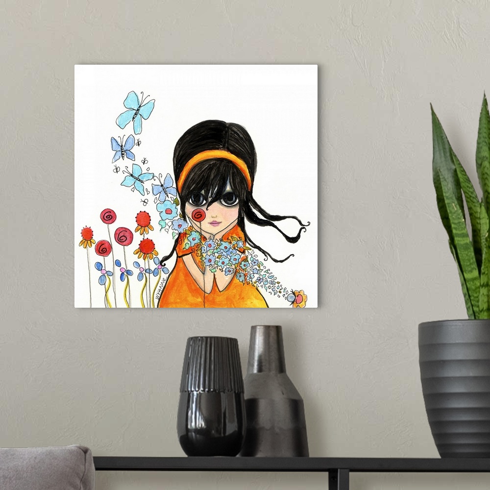 A modern room featuring Painting of a girl with large eyes in an orange dress looking at a trail of blue butterflies.