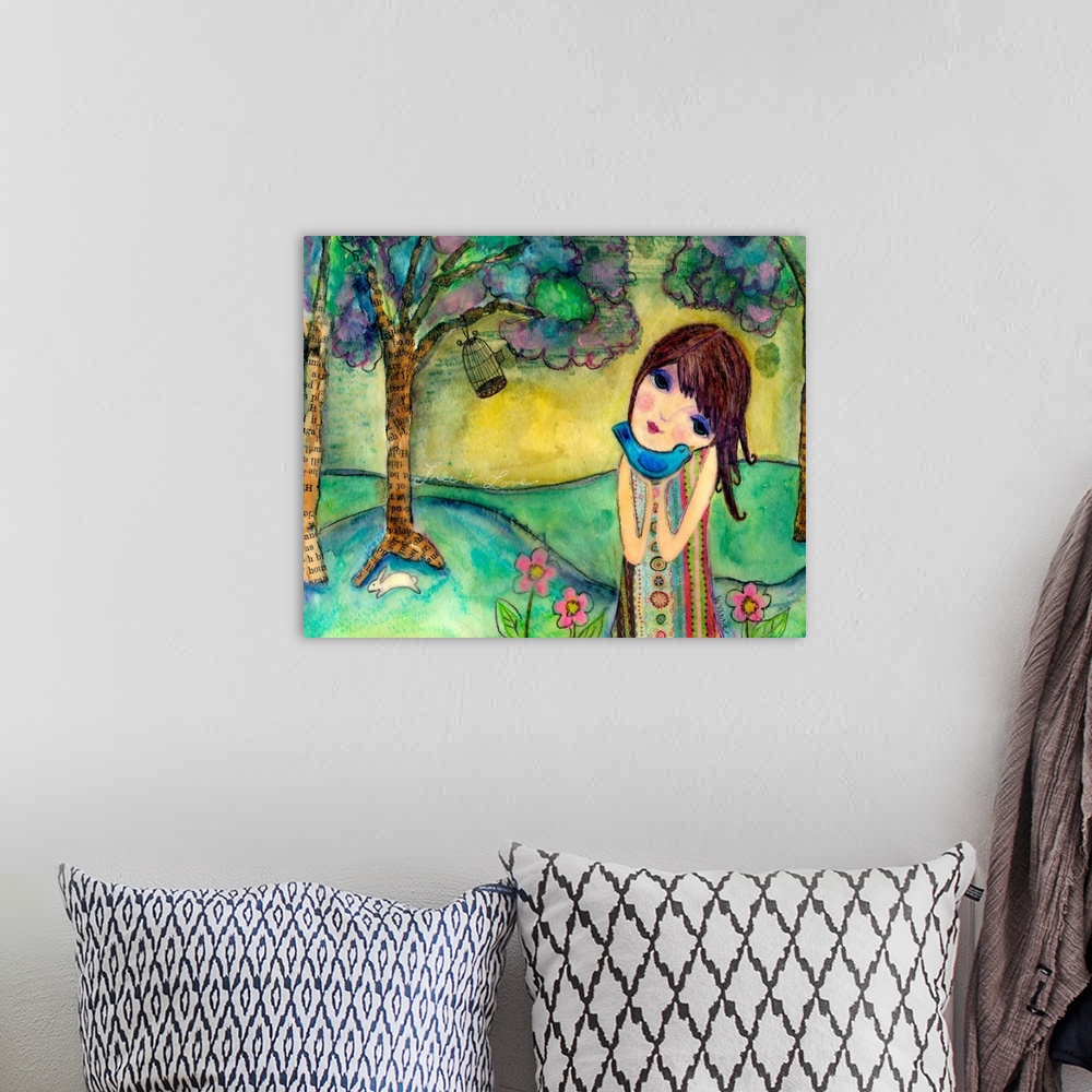A bohemian room featuring A girl holding a blue bird close in a forest.