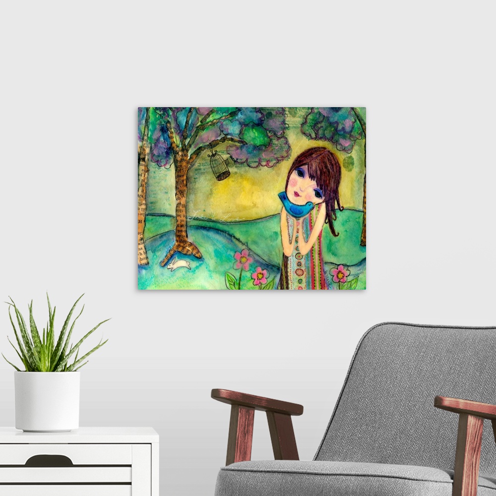 A modern room featuring A girl holding a blue bird close in a forest.