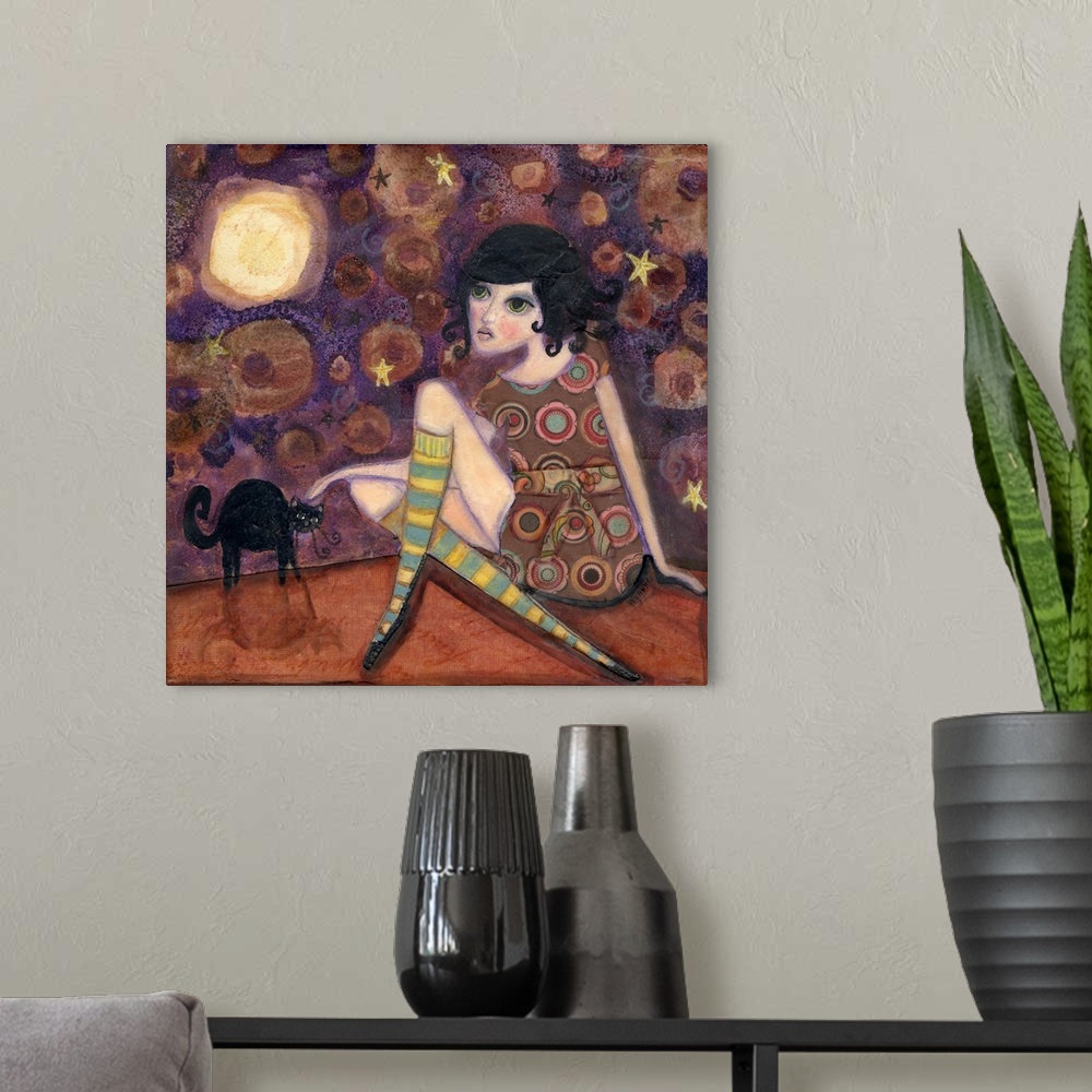 A modern room featuring Painting of a girl in a patterned dress petting a black cat under a full moon.