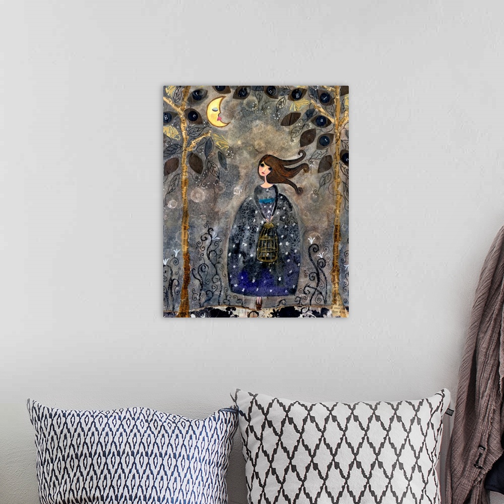 A bohemian room featuring A girl in a dark dotted dress in a forest under the moon.