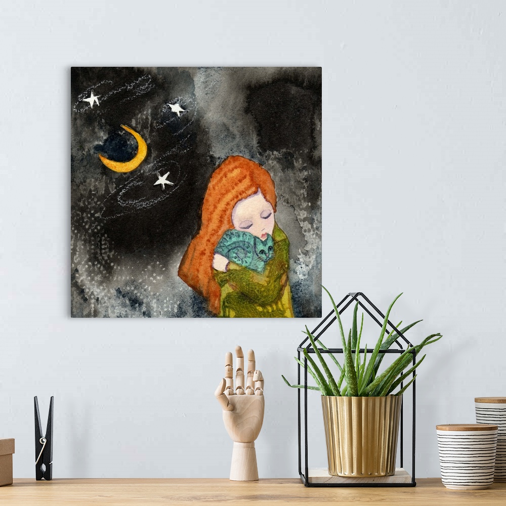 A bohemian room featuring A girl with red hair holding a cat under the moon and stars.