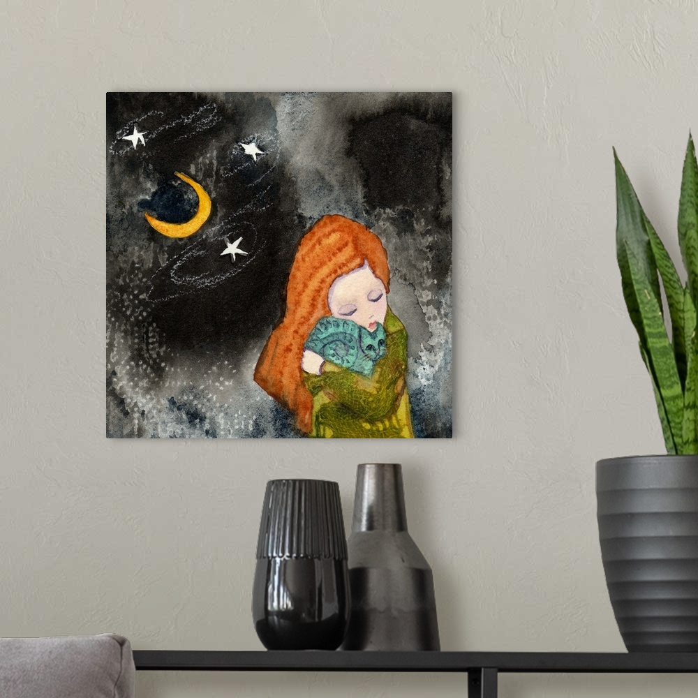 A modern room featuring A girl with red hair holding a cat under the moon and stars.