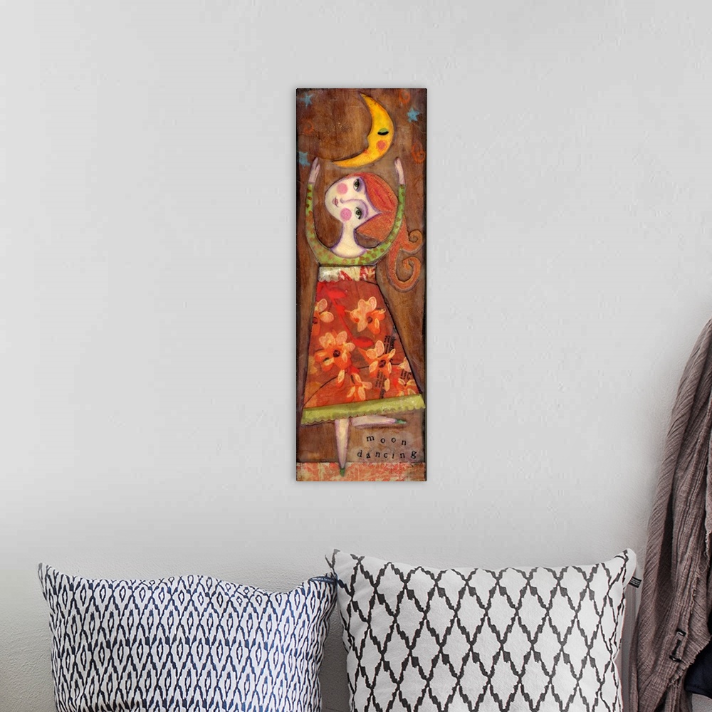A bohemian room featuring A girl in a red dress reaching for the moon.