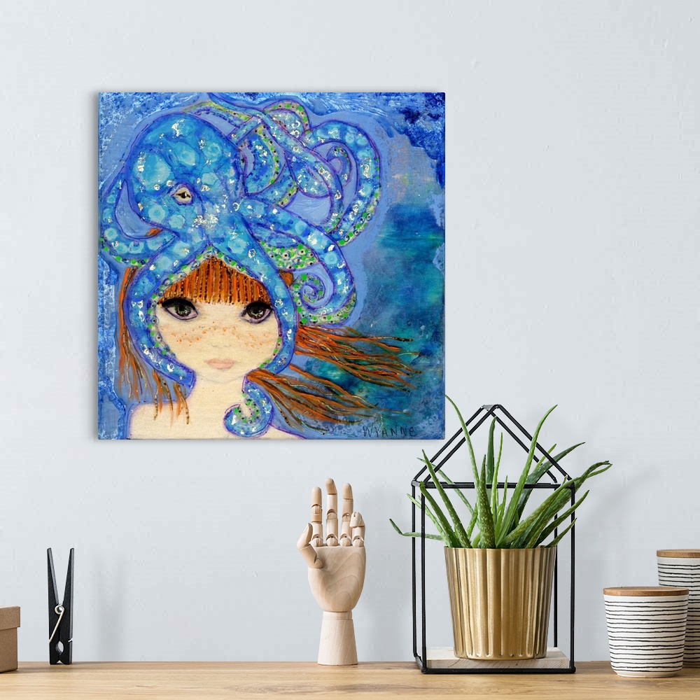 A bohemian room featuring Painting of a girl with large eyes with a big blue octopus on her head.