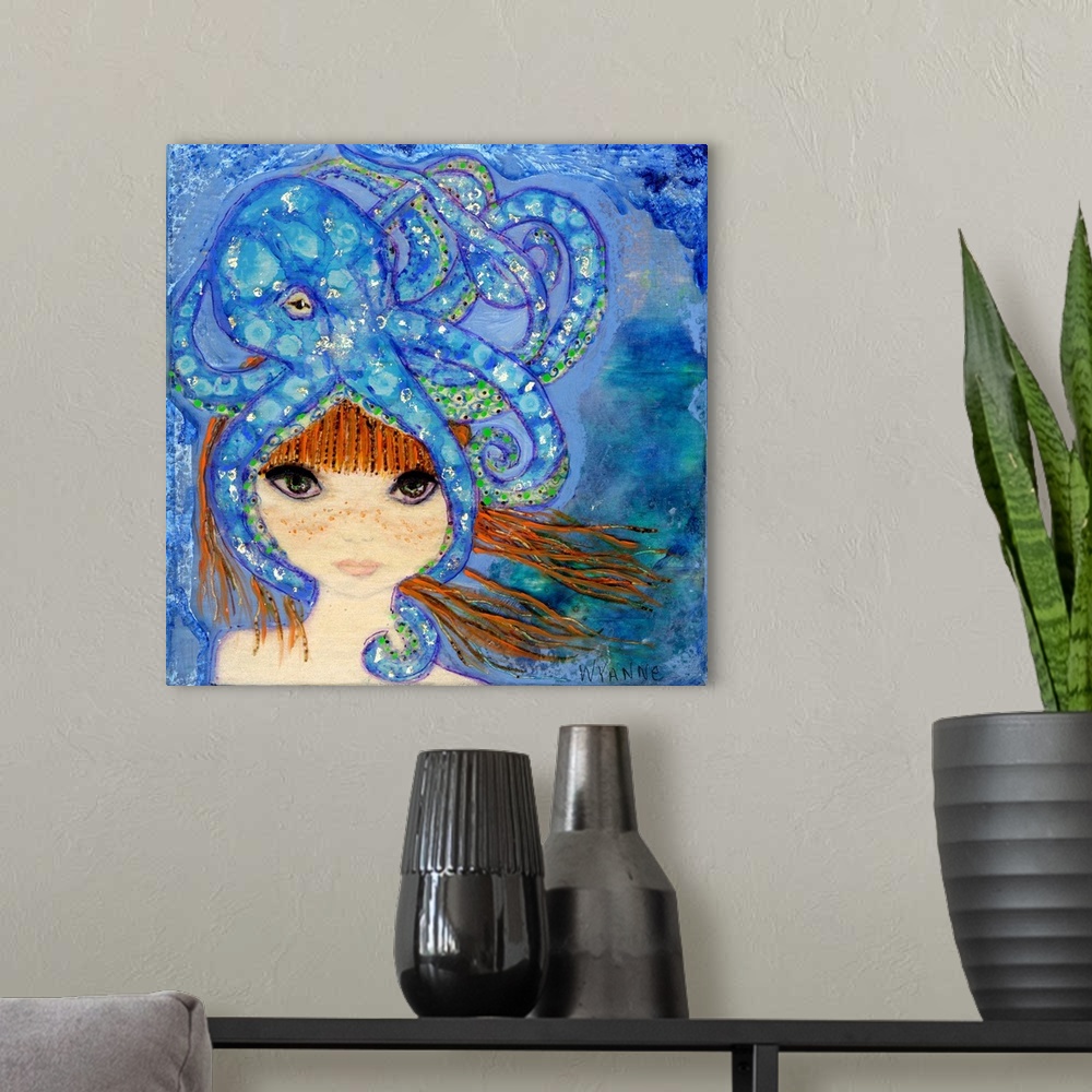A modern room featuring Painting of a girl with large eyes with a big blue octopus on her head.