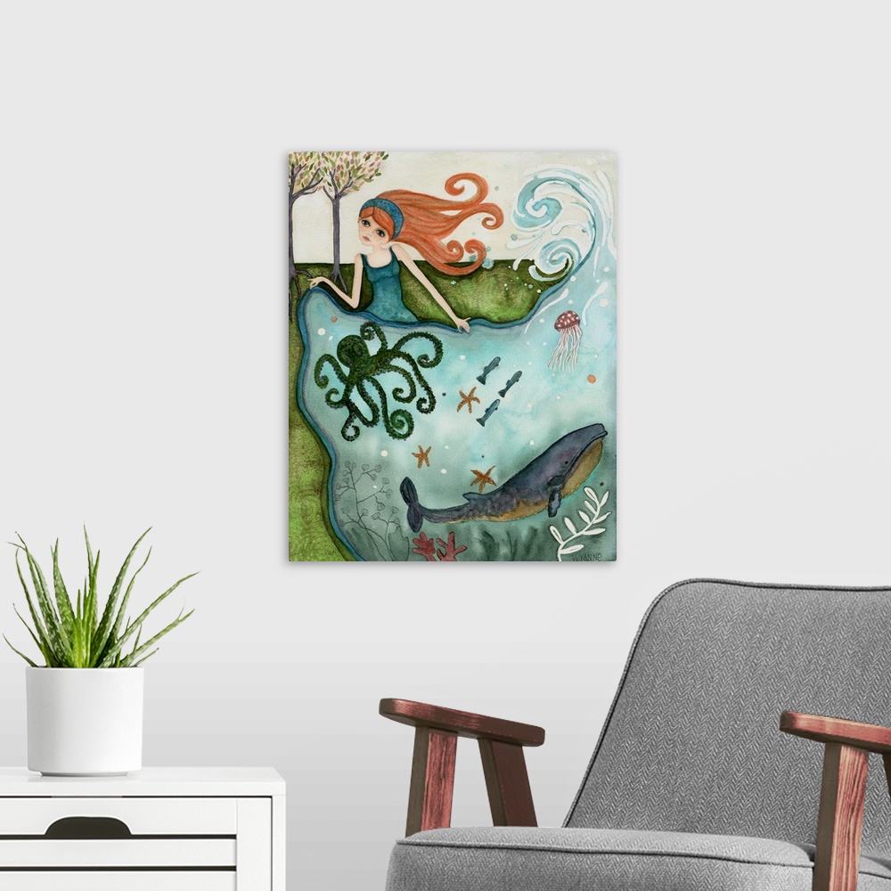 A modern room featuring A woman creating an ocean full of fish, octopus, and whales.