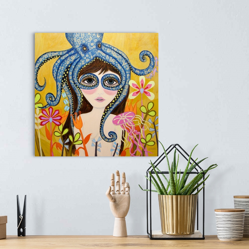 A bohemian room featuring A girl with a blue octopus on her head, with its tentacles around her eyes.
