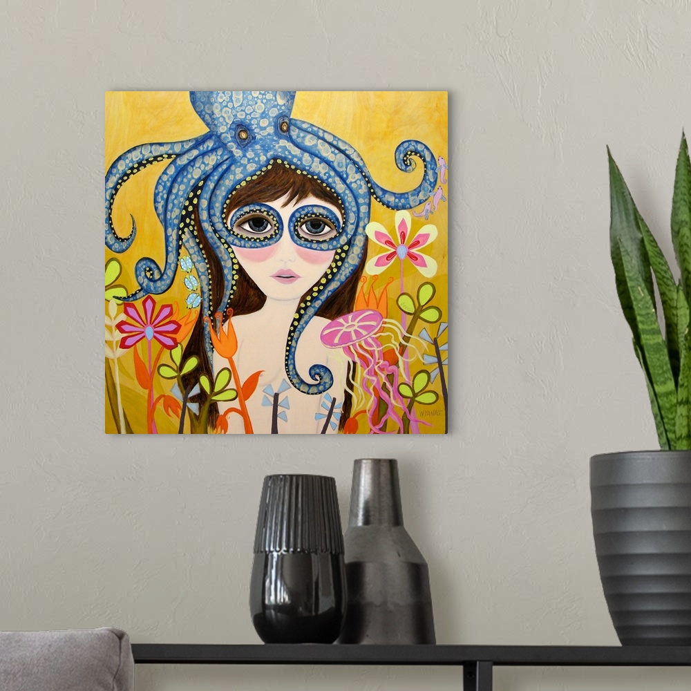 A modern room featuring A girl with a blue octopus on her head, with its tentacles around her eyes.