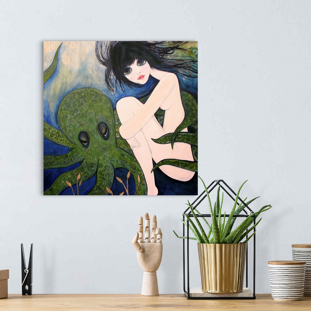 A bohemian room featuring A nude woman underwater with a green octopus.