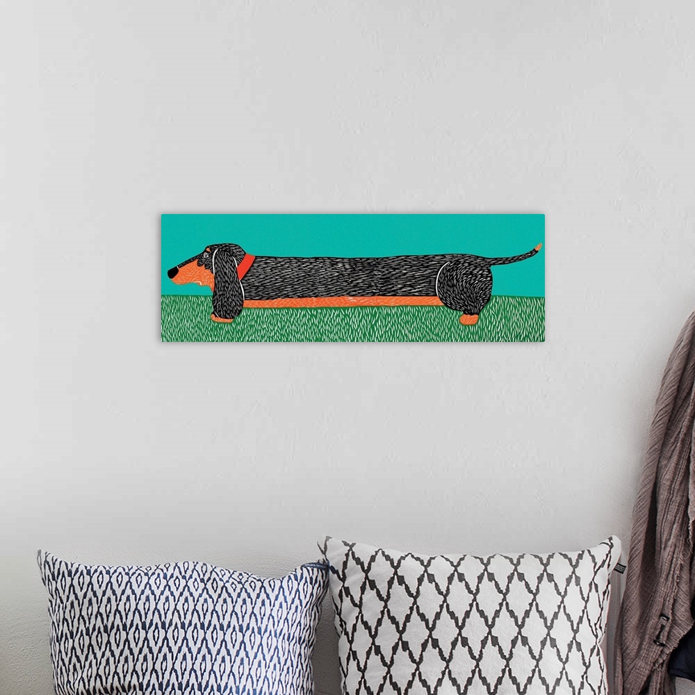 A bohemian room featuring Illustrated portrait of a long dachshund outside on the grass.