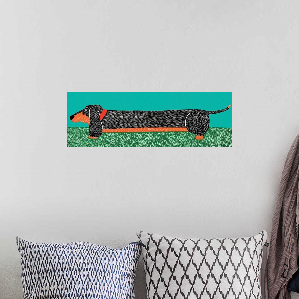 A bohemian room featuring Illustrated portrait of a long dachshund outside on the grass.