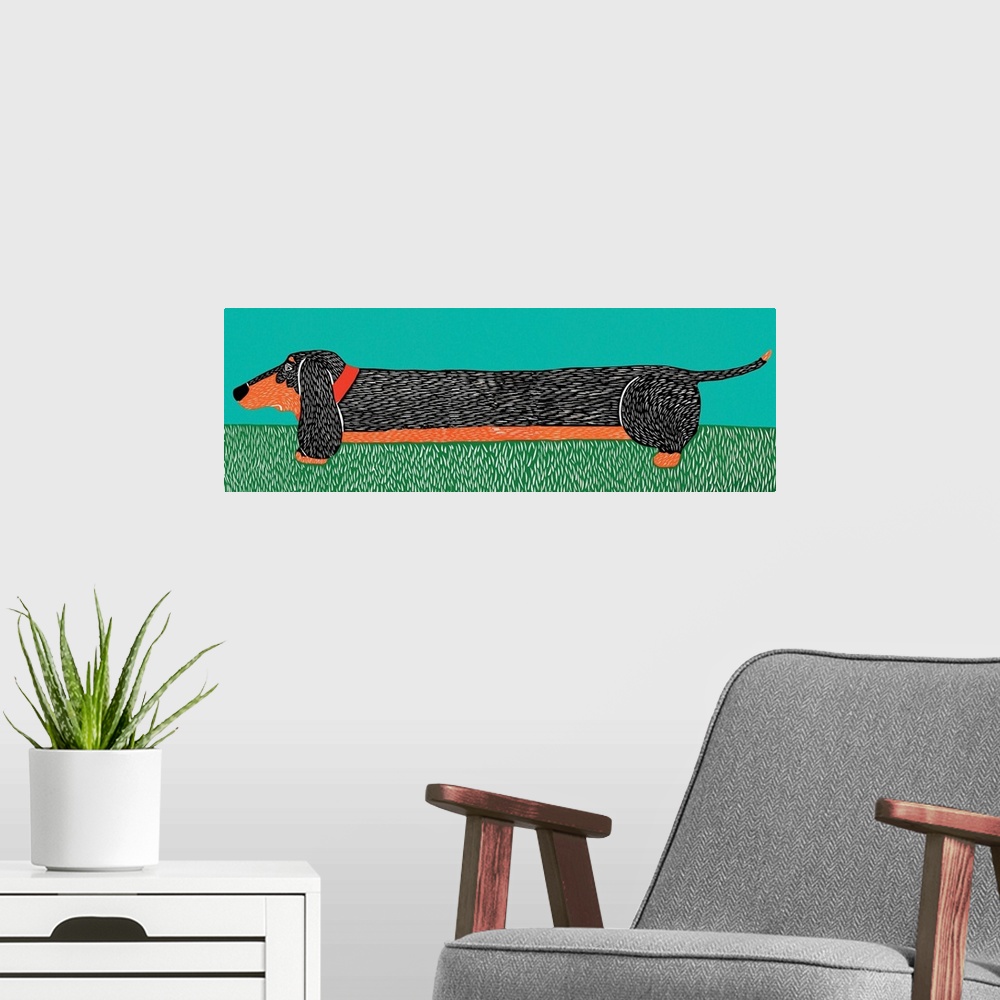 A modern room featuring Illustrated portrait of a long dachshund outside on the grass.