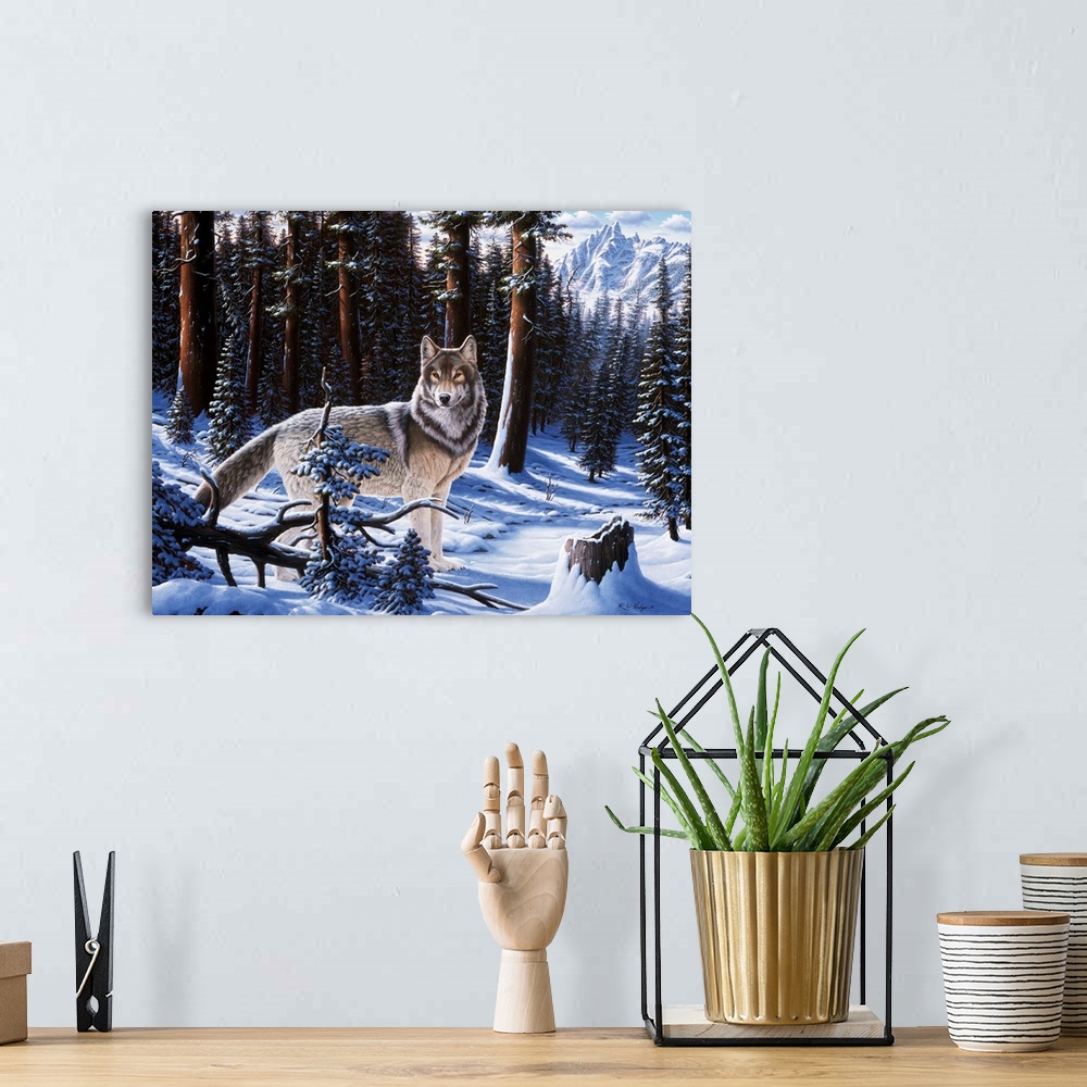A bohemian room featuring A wolf standing in the winter forest, mountains in the background.