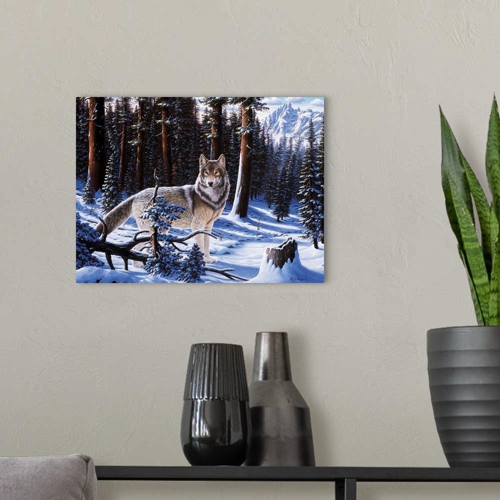 A modern room featuring A wolf standing in the winter forest, mountains in the background.