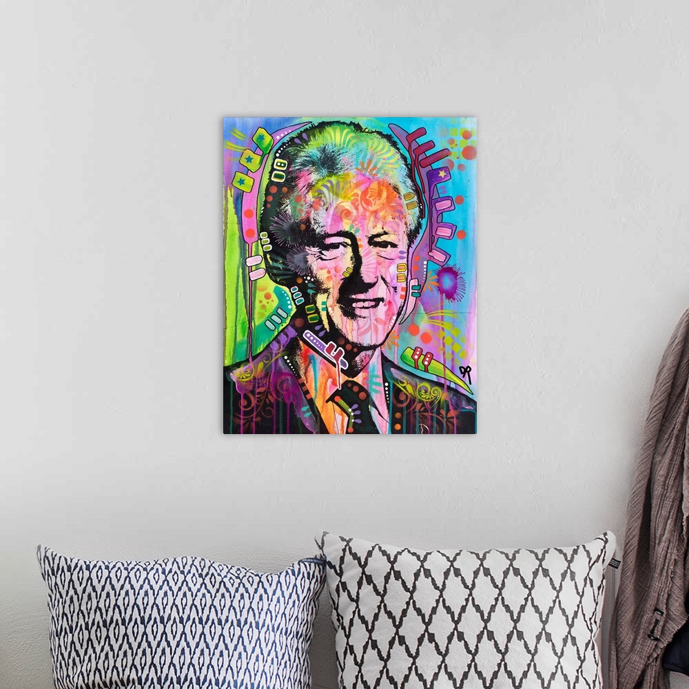 A bohemian room featuring Pop art style painting of Bill Clinton in different colors and covered in abstract designs.