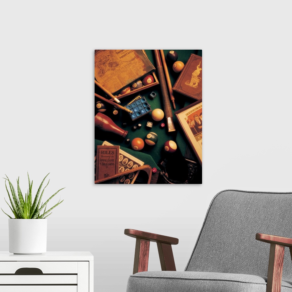 A modern room featuring Photograph of vintage billiards gear and memorabilia.