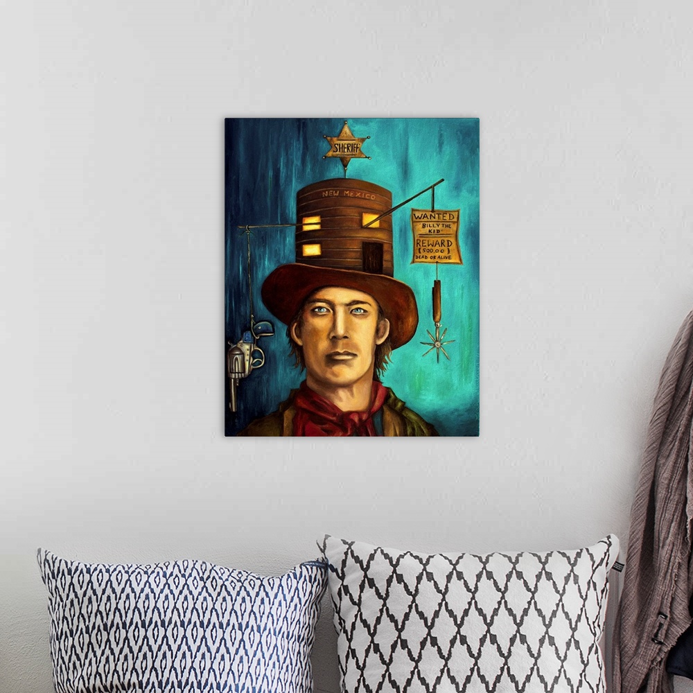A bohemian room featuring Surrealist painting of a portrait of a Billy the kid the famous western outlaw.