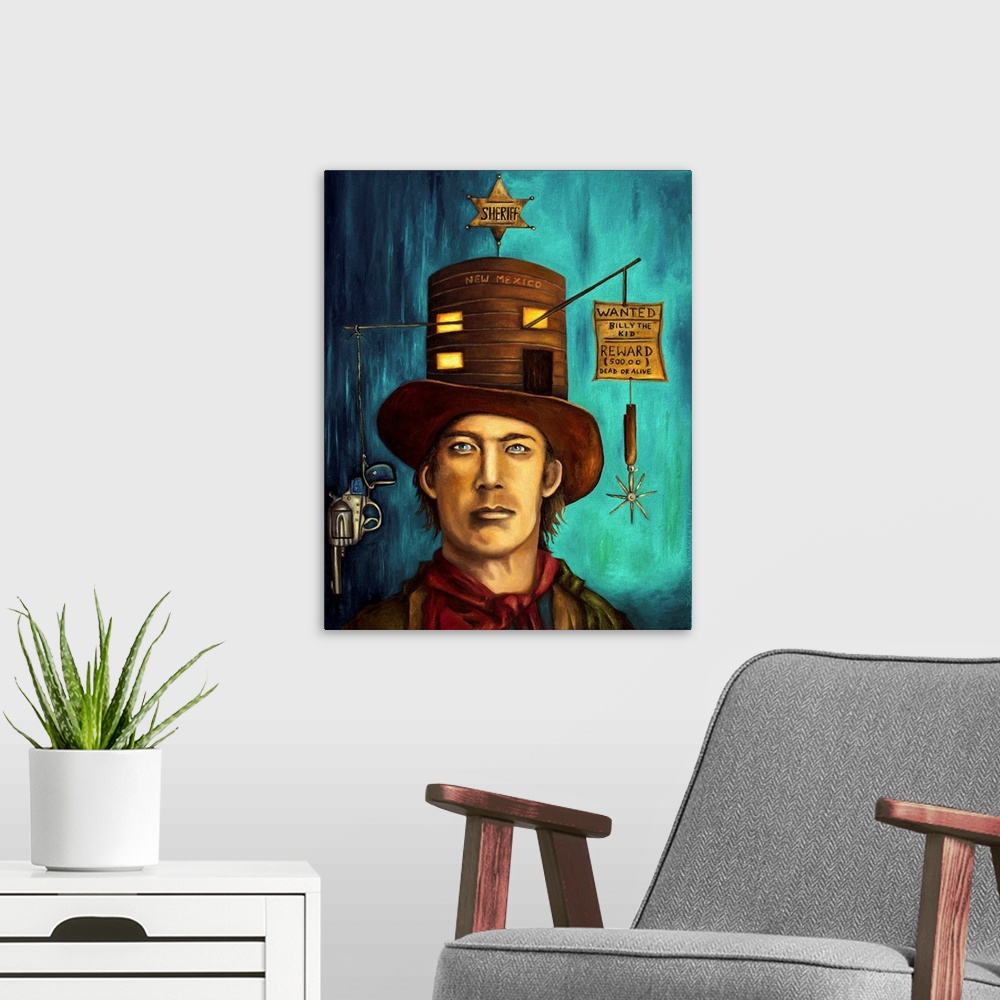 A modern room featuring Surrealist painting of a portrait of a Billy the kid the famous western outlaw.