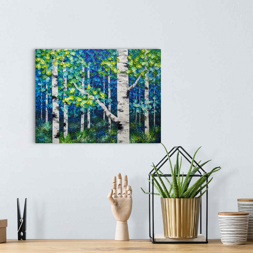 A bohemian room featuring Large original painting of green, blue, yellow aspen trees and birch trees in autumn forest by Ca...