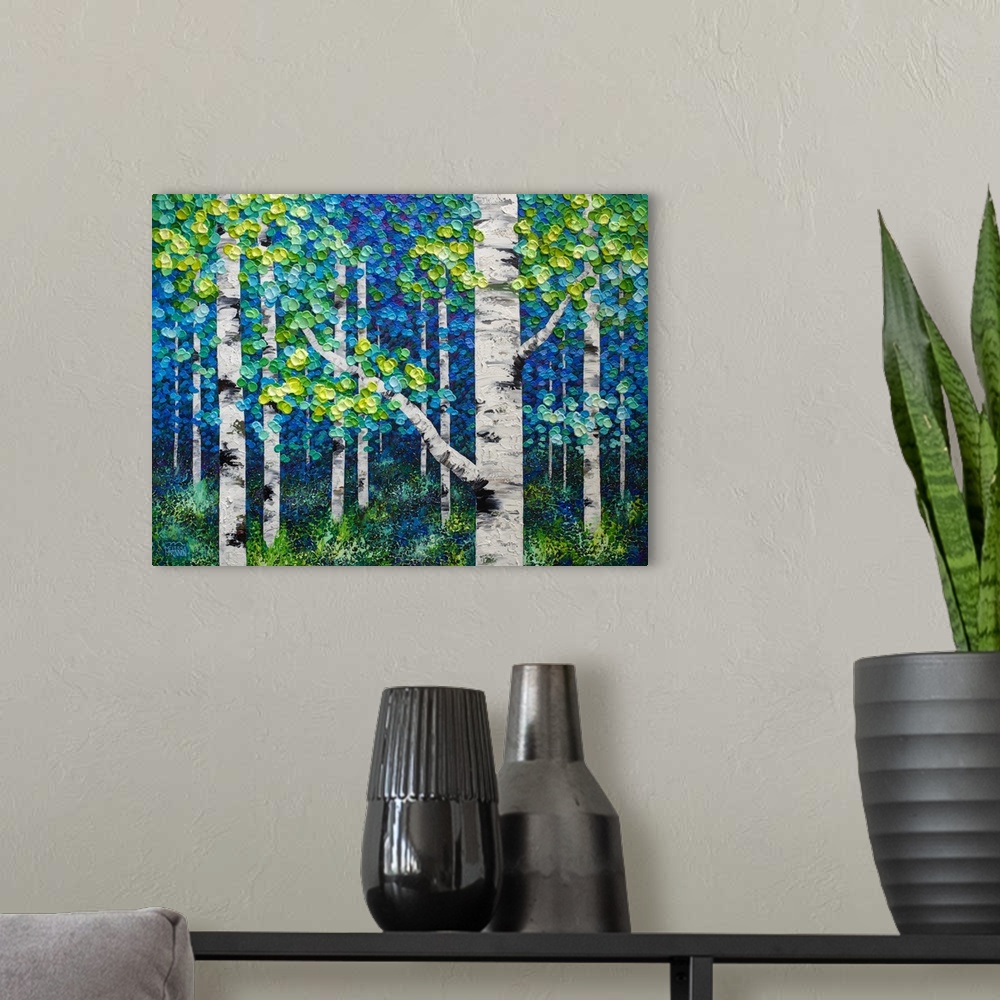 A modern room featuring Large original painting of green, blue, yellow aspen trees and birch trees in autumn forest by Ca...