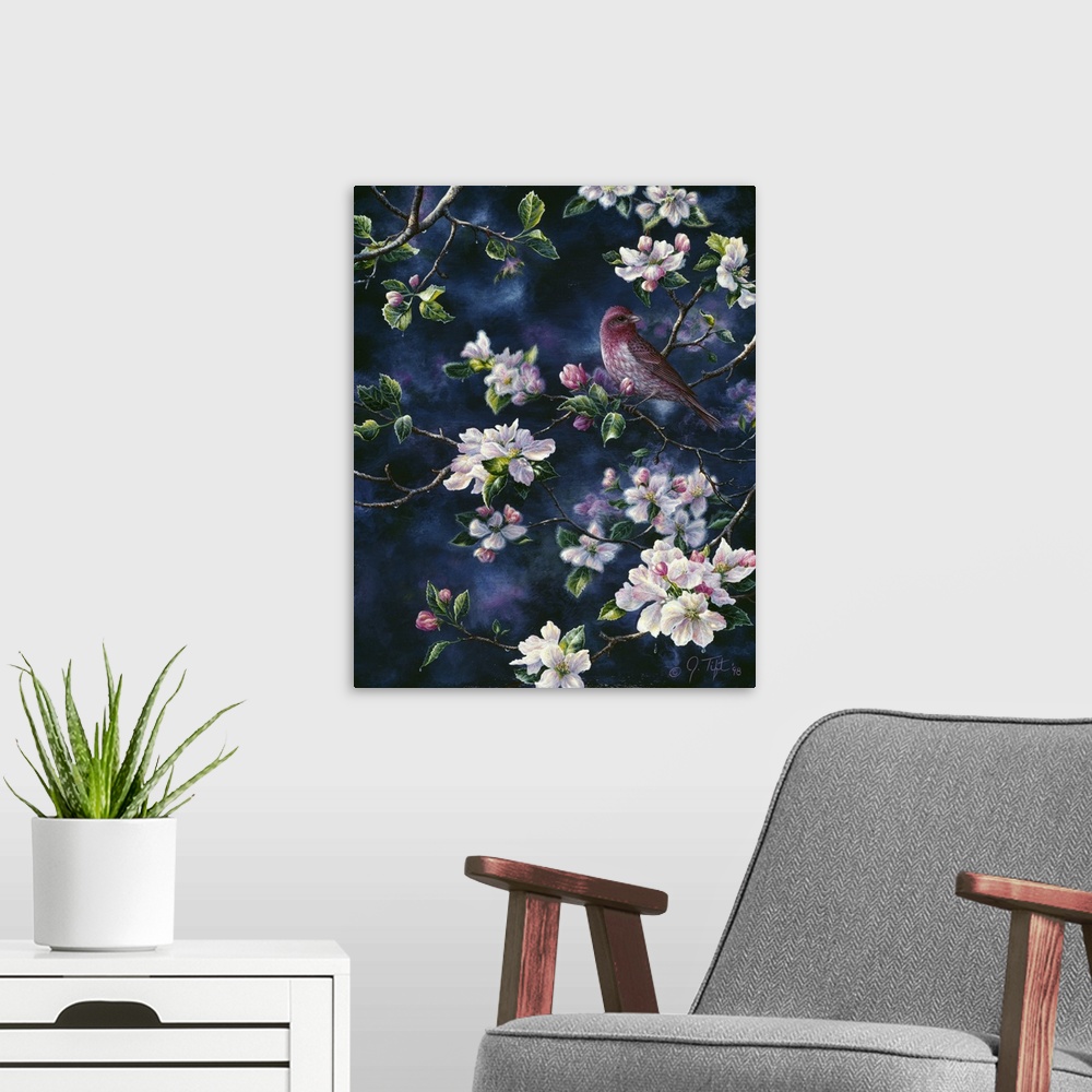 A modern room featuring a red bird perched among branches of a tree with pink, floral blossoms