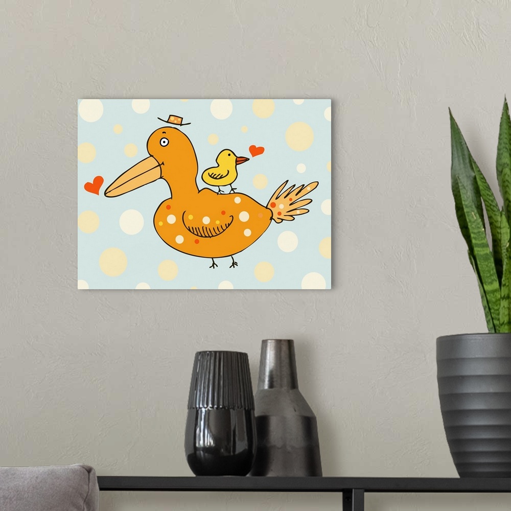 A modern room featuring Bird, chick, hat, heart