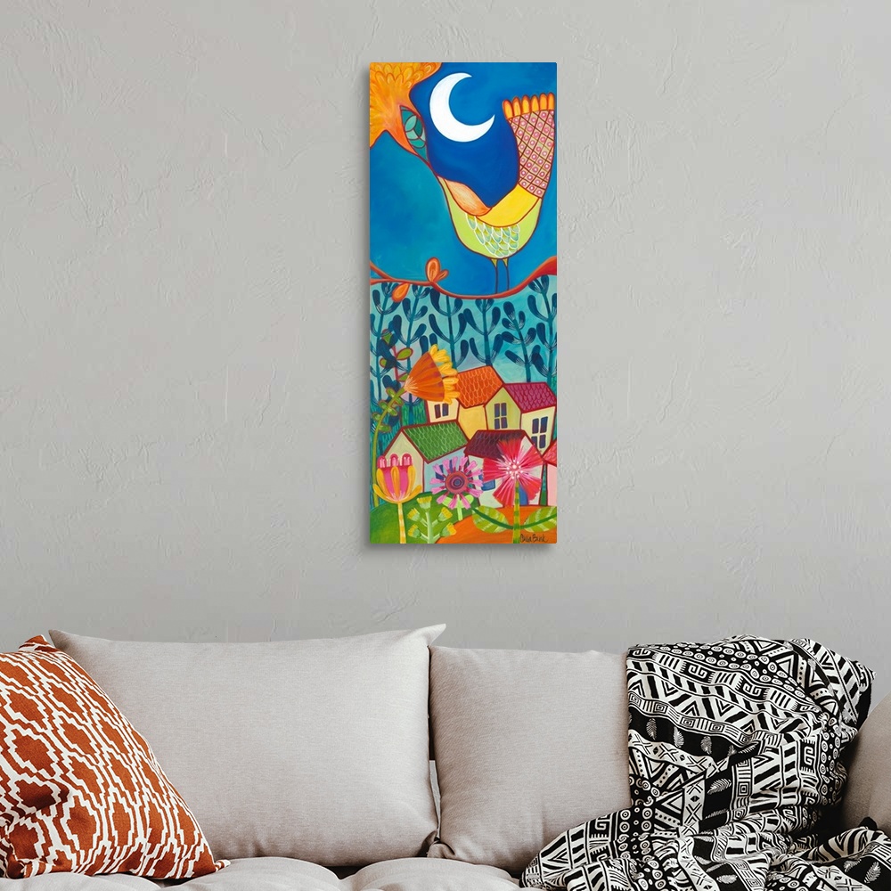 A bohemian room featuring Contemporary painting of a bird on a branch looking up into the night sky at the moon.