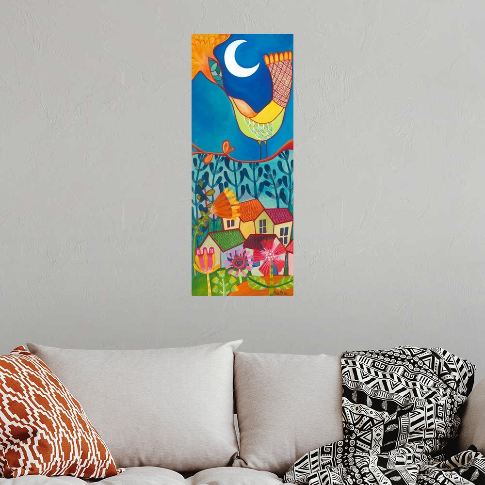 A bohemian room featuring Contemporary painting of a bird on a branch looking up into the night sky at the moon.